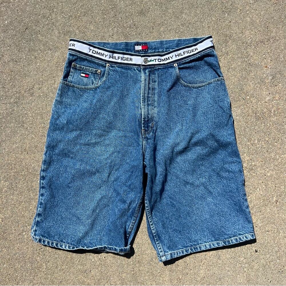 Vintage 90s Y2K Tommy Hilfiger spell out waistband jean shorts jorts Size 34